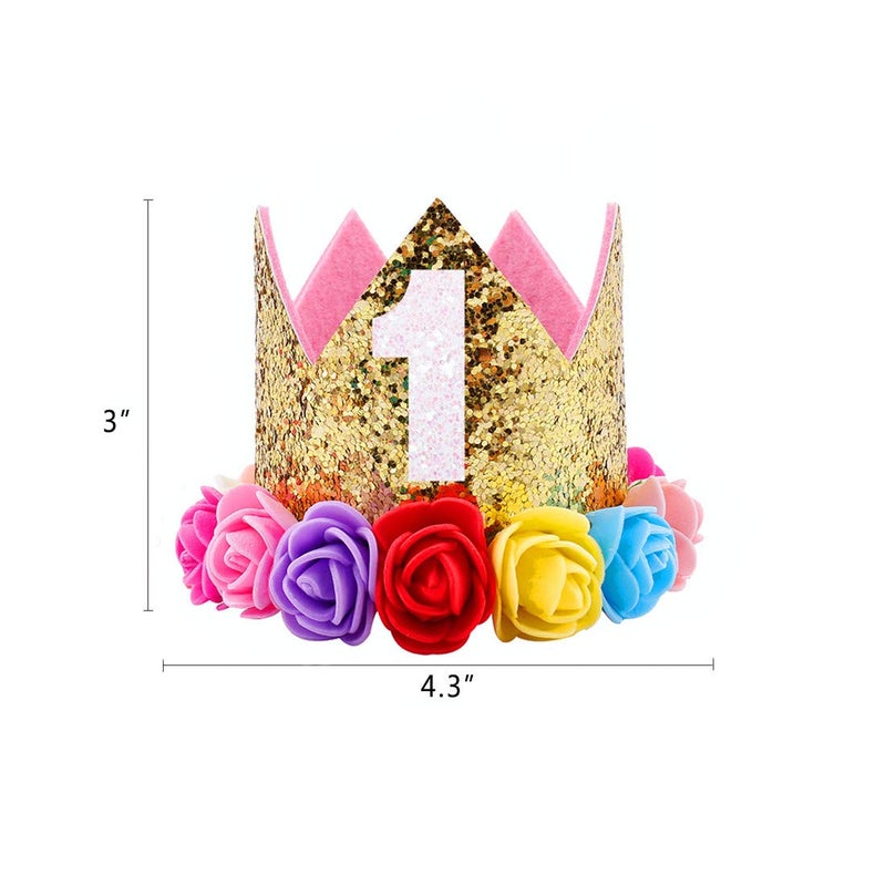 ipalmay Baby Princess Glitter Gold Crown  1st Birthday Party Hat Gold with Mix Rainbow Color Flowers - Image 3